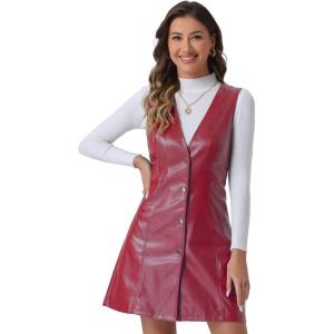 imageAllegra K Faux Leather Dress for Womens Pinafore Button Down V Neck Sleeveless Mini Overall DressesRed