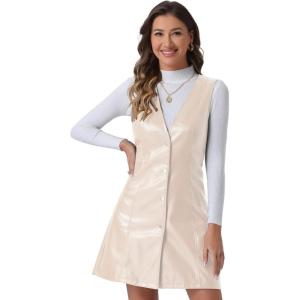 imageAllegra K Faux Leather Dress for Womens Pinafore Button Down V Neck Sleeveless Mini Overall DressesWhite