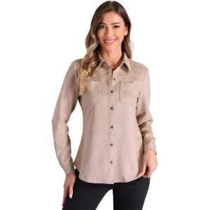 imageAllegra K Faux Suede Shirt for Womens Stretch Dressy Casual Button Down Long Sleeve Shirt 2024 Fall ClothesBeige