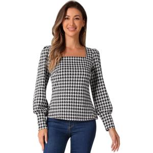 imageAllegra K Houndstooth Tops for Womens 1950s Vintage Bishop Sleeve Square Neck BlouseBlack White