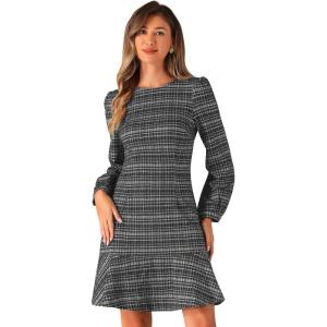 imageAllegra K Tweed Dress for Womens Vintage Casual Puff Sleeves Ruffle Hem DressBlack