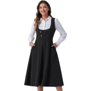 imageAllegra K Vintage Pinafore Dress for Womens Lace Trim Button Overalls Midi Dress with PocketsBlack