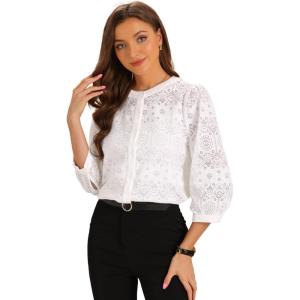 imageAllegra K Womens Eyelet Crochet Blouse Crew Neck Puff 34 Sleeve Casual Button Down ShirtWhite