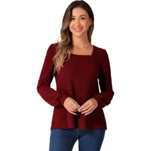 imageAllegra K Womens Vintage Square Neck Pullover Sweater Casual Puff Long Sleeve Ribbed Knit TopBurgundy