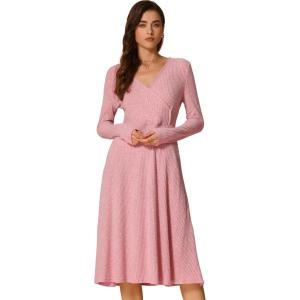 imageAllegra K Knit Dresses for Womens Ribbed Midi Deep V Long Sleeve Wrap ALine DressPink