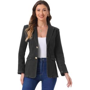 imageAllegra K Notched Lapel Blazer for Womens Denim Single Breasted Shoulder Pad Business Casual JacketsBlack