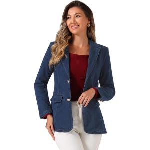 imageAllegra K Notched Lapel Blazer for Womens Denim Single Breasted Shoulder Pad Business Casual JacketsDark Blue