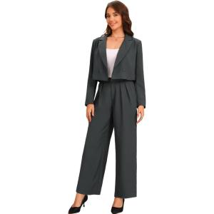 imageAllegra K Womens 2 Piece Set Business Casual Outfit Notched Lapel Crop Jacket Wide Leg Pant Work SuitsDark Grey