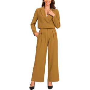 imageAllegra K Womens 2 Piece Set Business Casual Outfit Notched Lapel Crop Jacket Wide Leg Pant Work SuitsGolden Brown