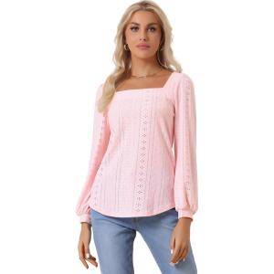 imageAllegra K Womens Square Collar Puff Long Sleeve Eyelet Tops Business Casual Shirts Tunic TopsPink