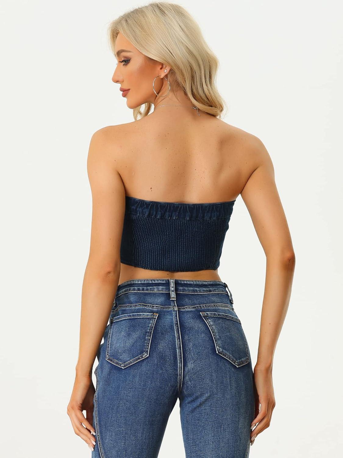 imageAllegra K Denim Crop Tube Top for Womens Strapless Sleeveless Button Corset TopDark Blue