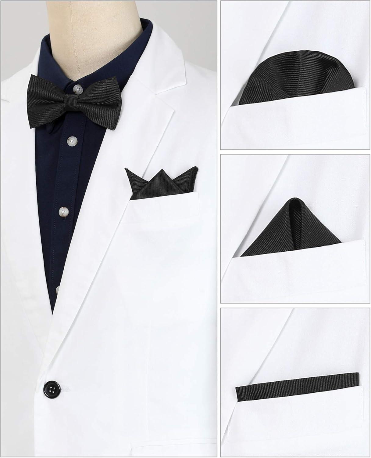 imageAllegra K Mens Solid Color PreTied Bow Tie with Matching Pocket Square Set for Wedding PartyBlack