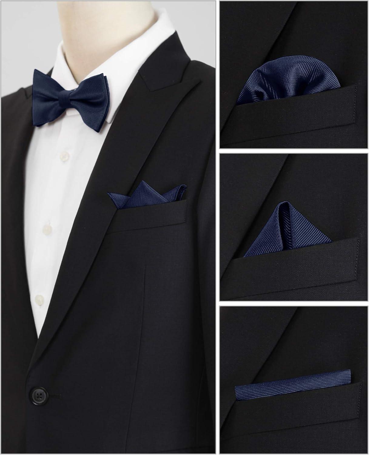 imageAllegra K Mens Solid Color PreTied Bow Tie with Matching Pocket Square Set for Wedding PartyNavy Blue
