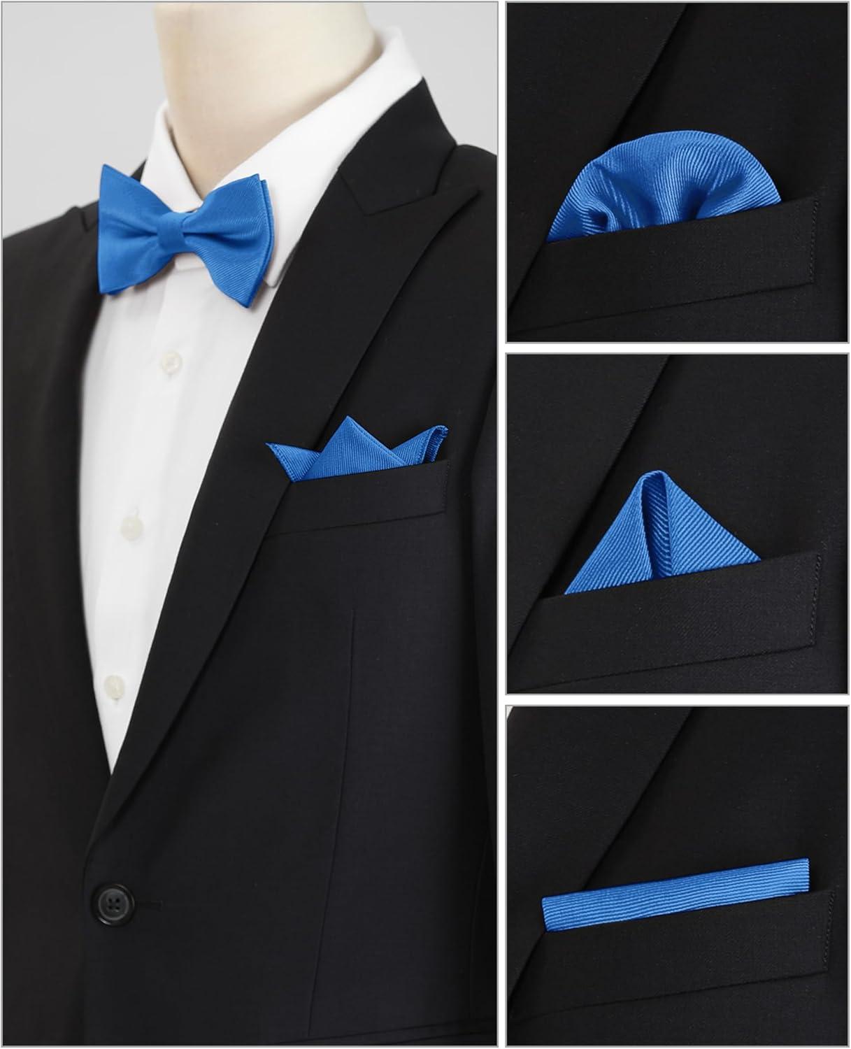 imageAllegra K Mens Solid Color PreTied Bow Tie with Matching Pocket Square Set for Wedding PartyRoyal Blue