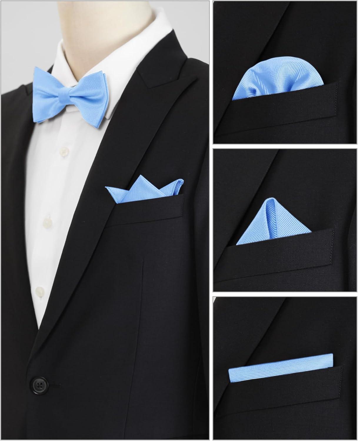 imageAllegra K Mens Solid Color PreTied Bow Tie with Matching Pocket Square Set for Wedding PartySky Blue