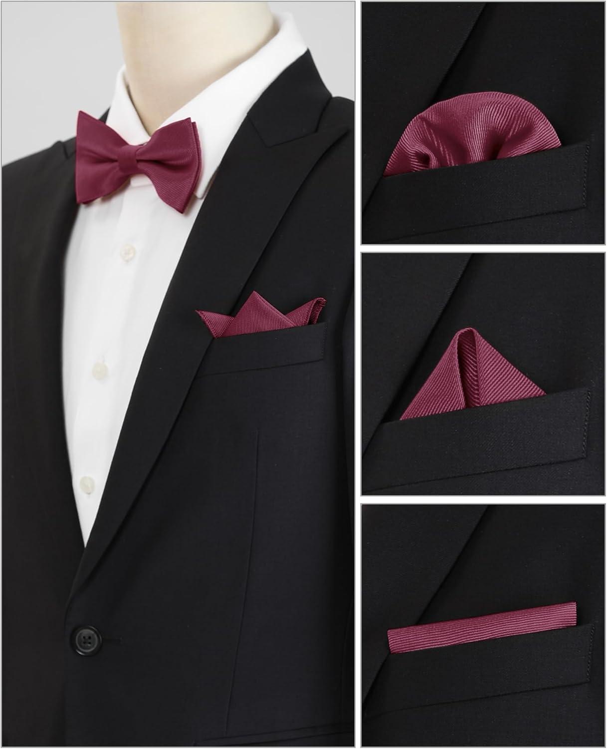 imageAllegra K Mens Solid Color PreTied Bow Tie with Matching Pocket Square Set for Wedding PartyWine Red
