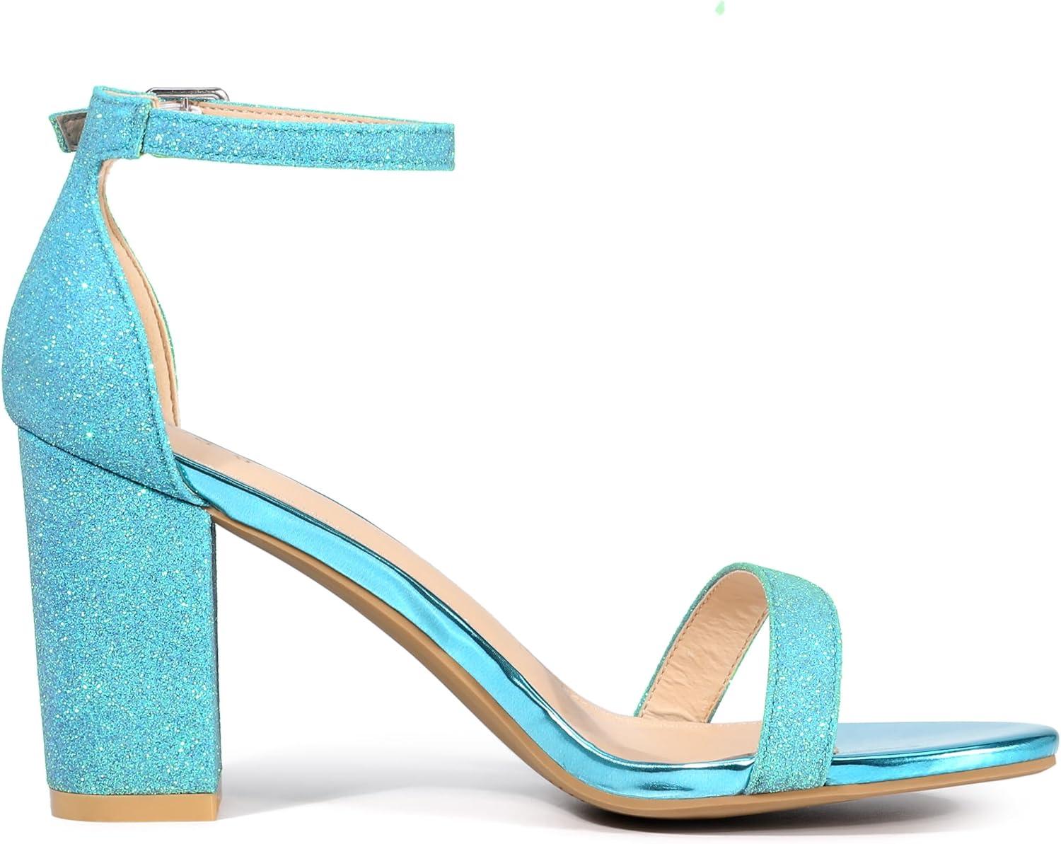 imageAllegra K Womens Glitter Ankle Strap Chunky Heels SandalsBlue