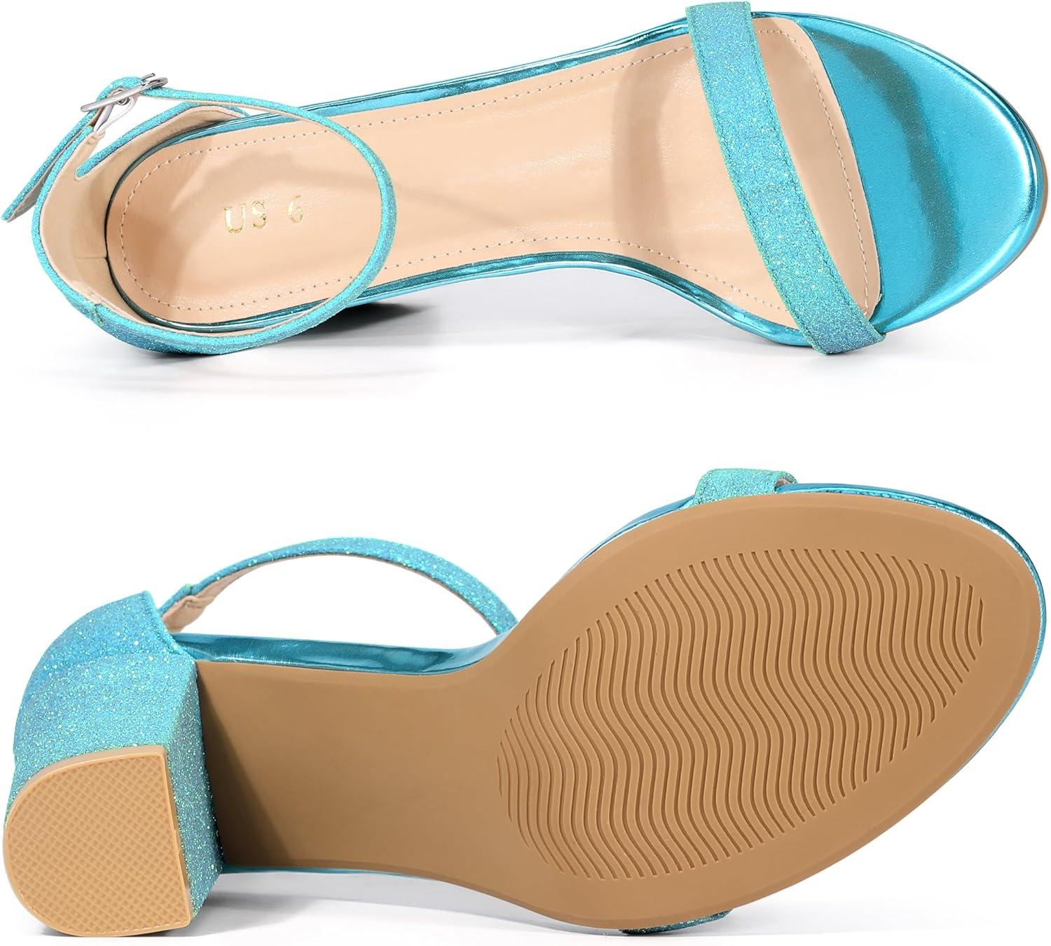 imageAllegra K Womens Glitter Ankle Strap Chunky Heels SandalsBlue