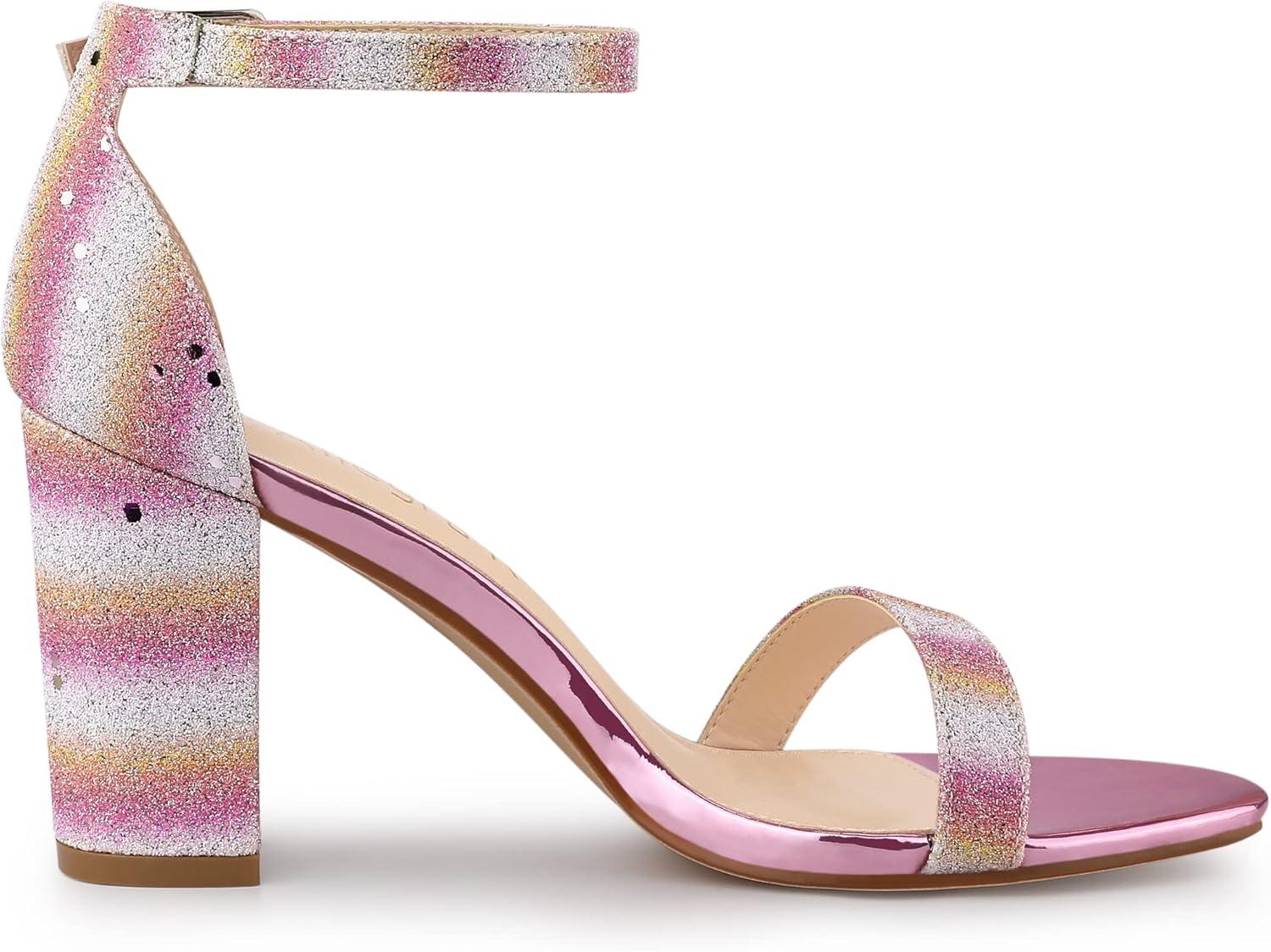 imageAllegra K Womens Glitter Ankle Strap Chunky Heels SandalsColorful