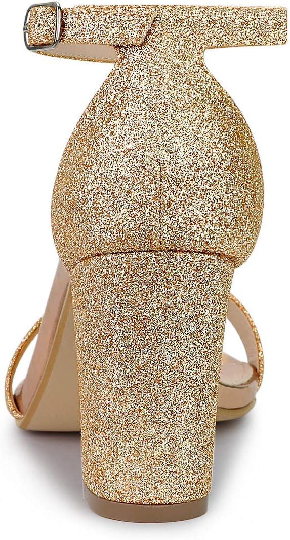 imageAllegra K Womens Glitter Ankle Strap Chunky Heels SandalsGold