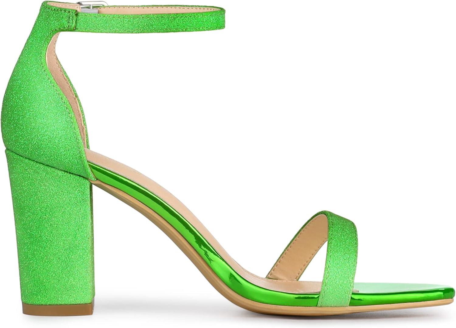 imageAllegra K Womens Glitter Ankle Strap Chunky Heels SandalsLime Green