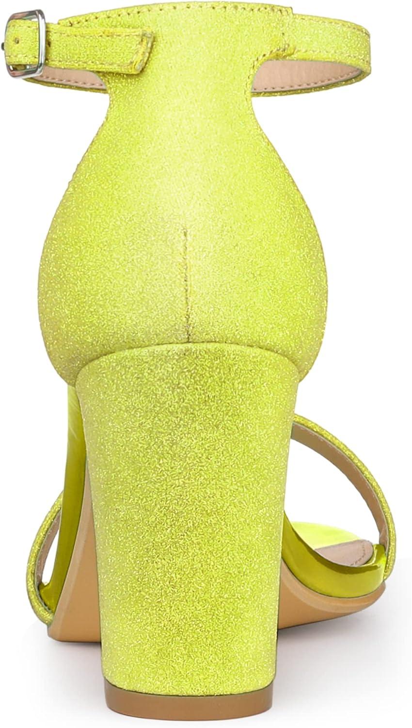 imageAllegra K Womens Glitter Ankle Strap Chunky Heels SandalsLime Yellow