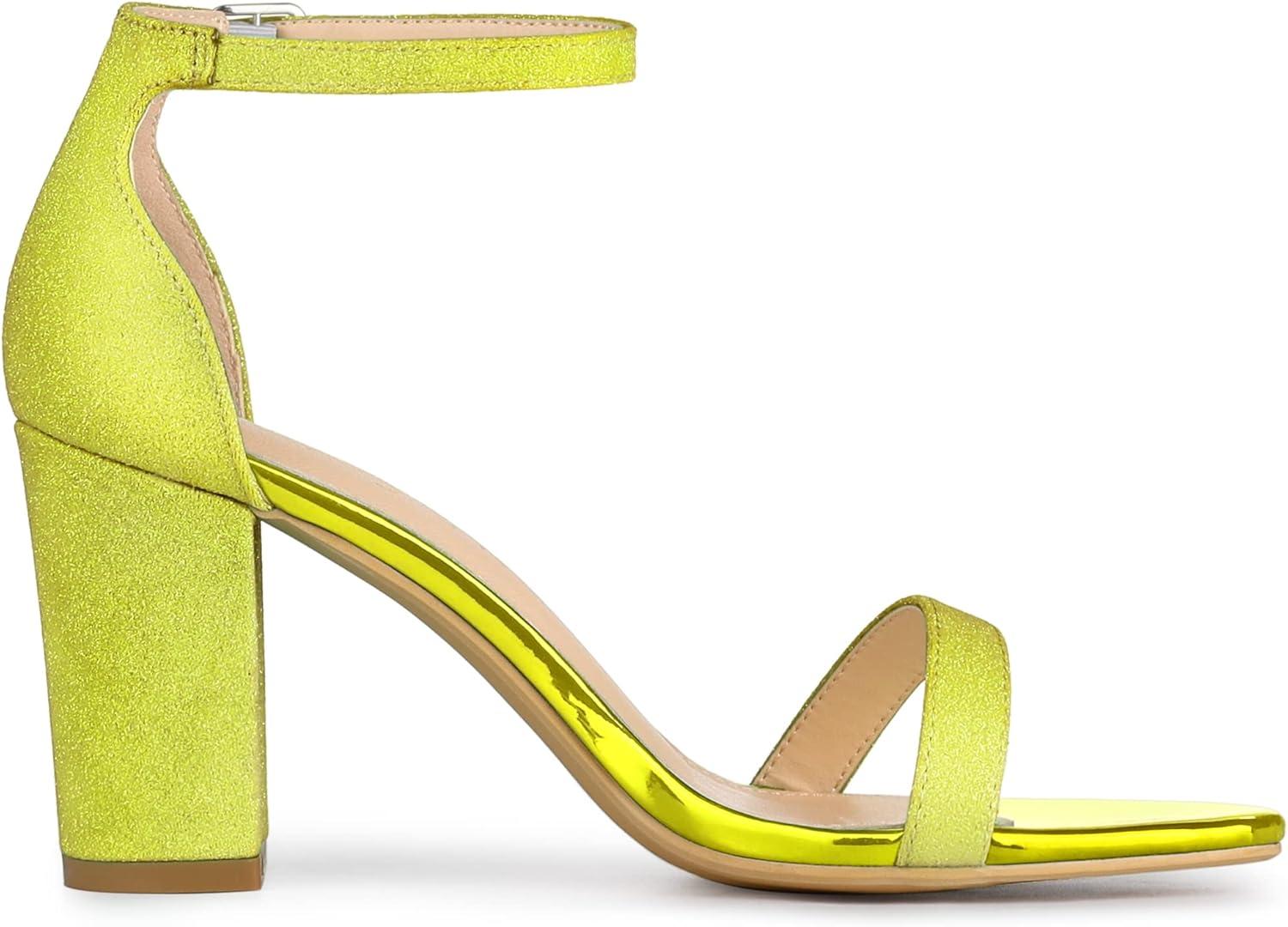 imageAllegra K Womens Glitter Ankle Strap Chunky Heels SandalsLime Yellow