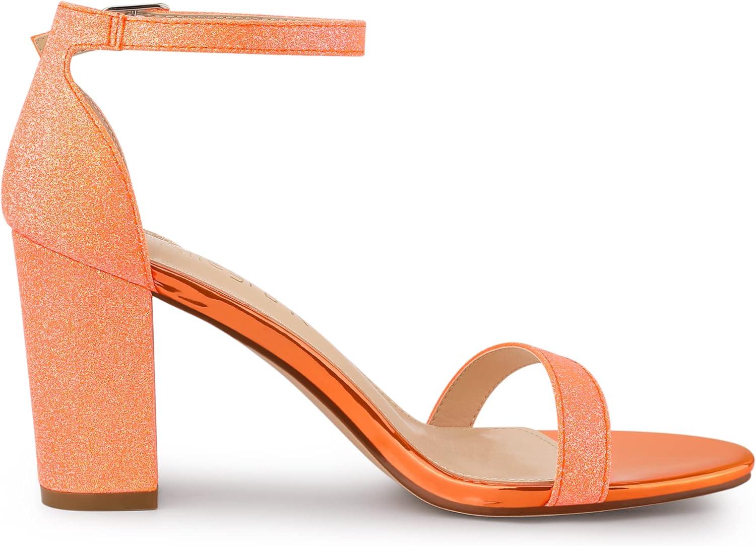 imageAllegra K Womens Glitter Ankle Strap Chunky Heels SandalsOrange