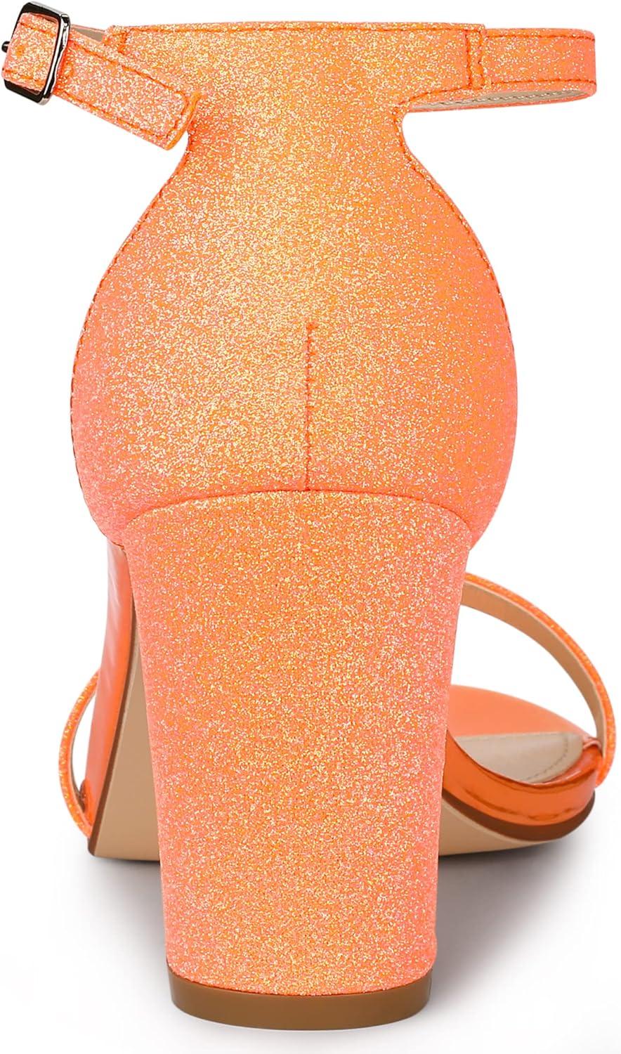 imageAllegra K Womens Glitter Ankle Strap Chunky Heels SandalsOrange