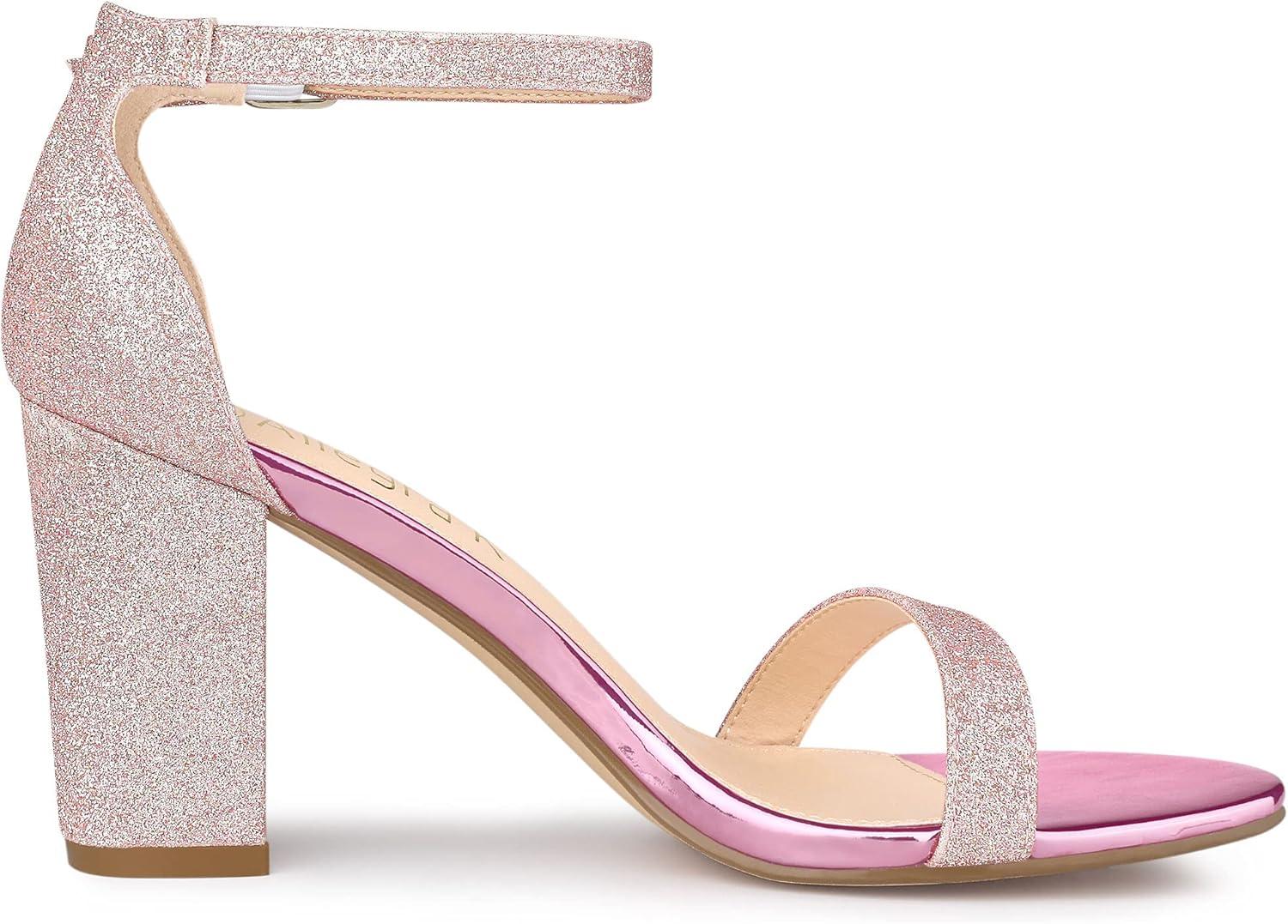 imageAllegra K Womens Glitter Ankle Strap Chunky Heels SandalsPink