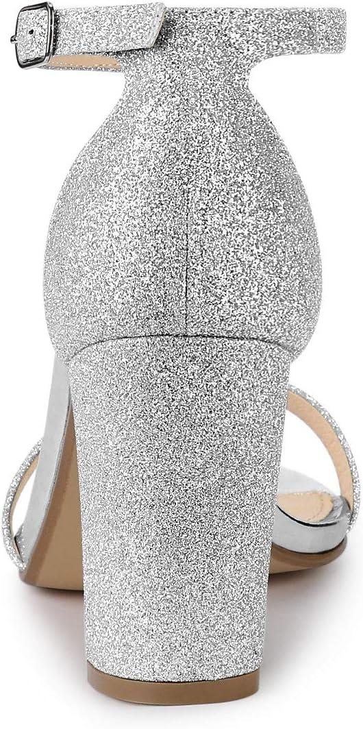 imageAllegra K Womens Glitter Ankle Strap Chunky Heels SandalsSilver