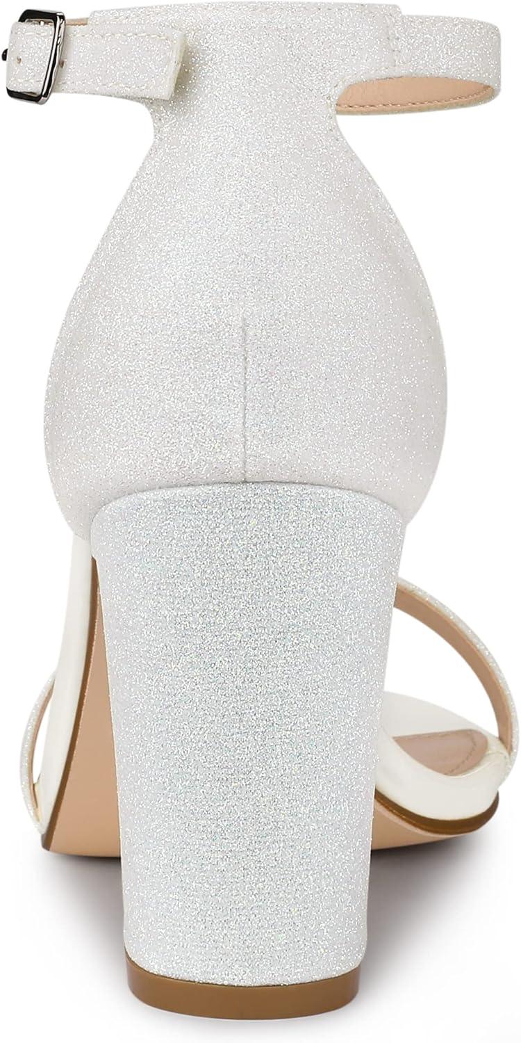 imageAllegra K Womens Glitter Ankle Strap Chunky Heels SandalsWhite