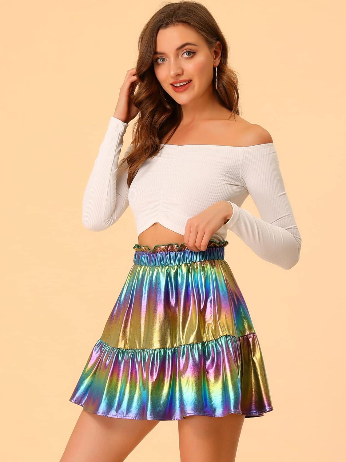 imageAllegra K Womens Metallic Mini Skirt Shiny Ruffle High Waist ALine SkirtsPurple