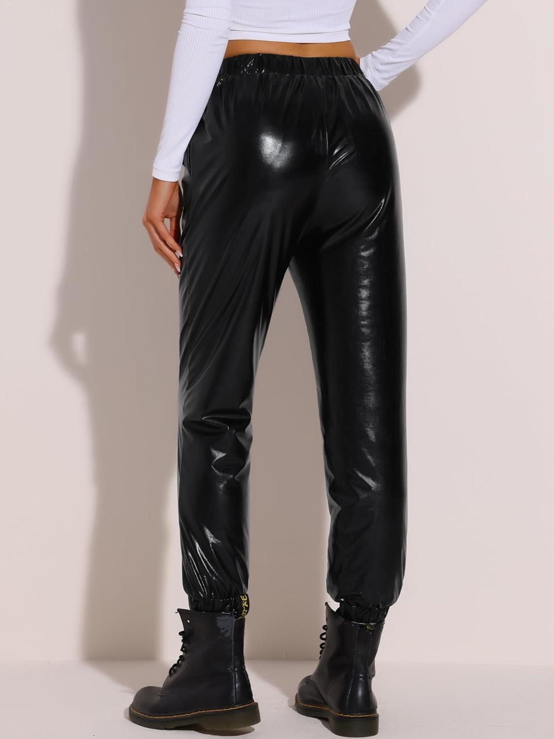 imageAllegra K Womens Metallic Trousers Christmas Shiny Sparkle Elastic Waist Holographic PantsBlack