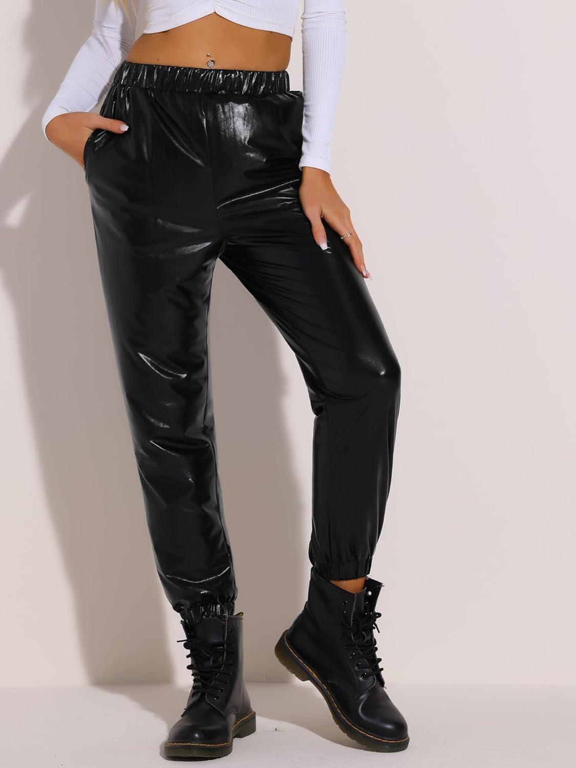 imageAllegra K Womens Metallic Trousers Christmas Shiny Sparkle Elastic Waist Holographic PantsBlack