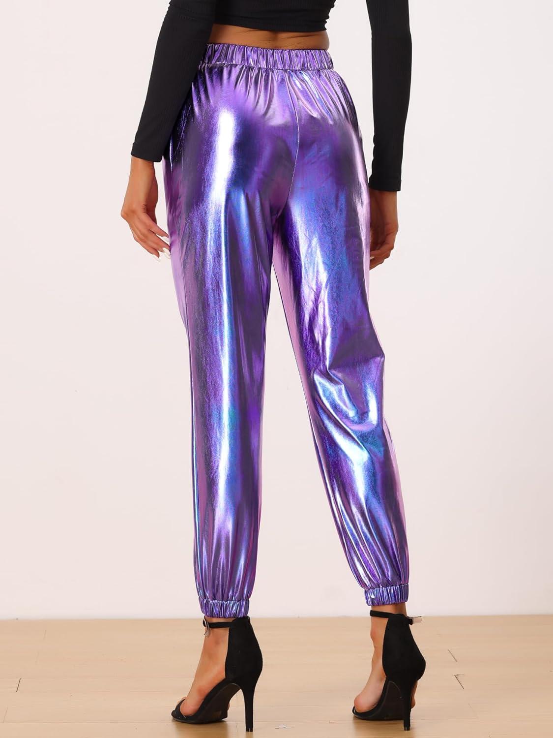 imageAllegra K Womens Metallic Trousers Christmas Shiny Sparkle Elastic Waist Holographic PantsBlue Purple