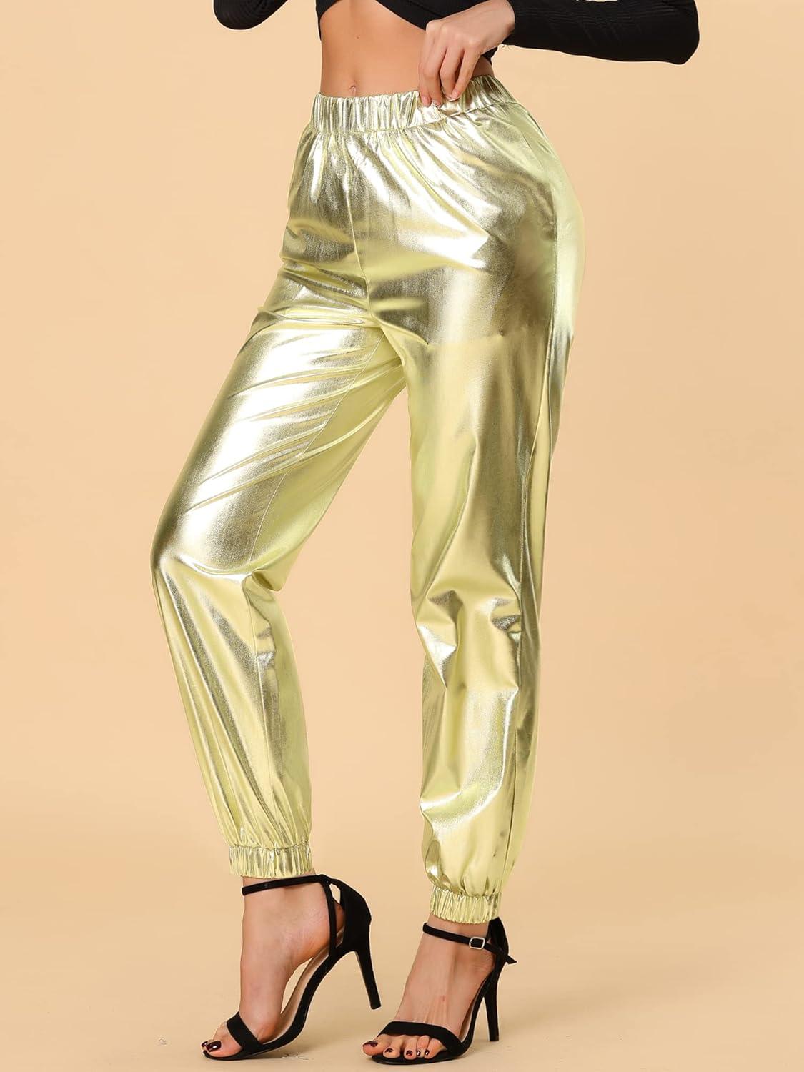imageAllegra K Womens Metallic Trousers Christmas Shiny Sparkle Elastic Waist Holographic PantsGold