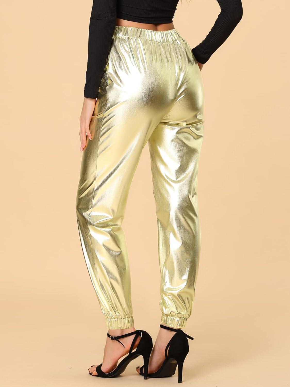 imageAllegra K Womens Metallic Trousers Christmas Shiny Sparkle Elastic Waist Holographic PantsGold