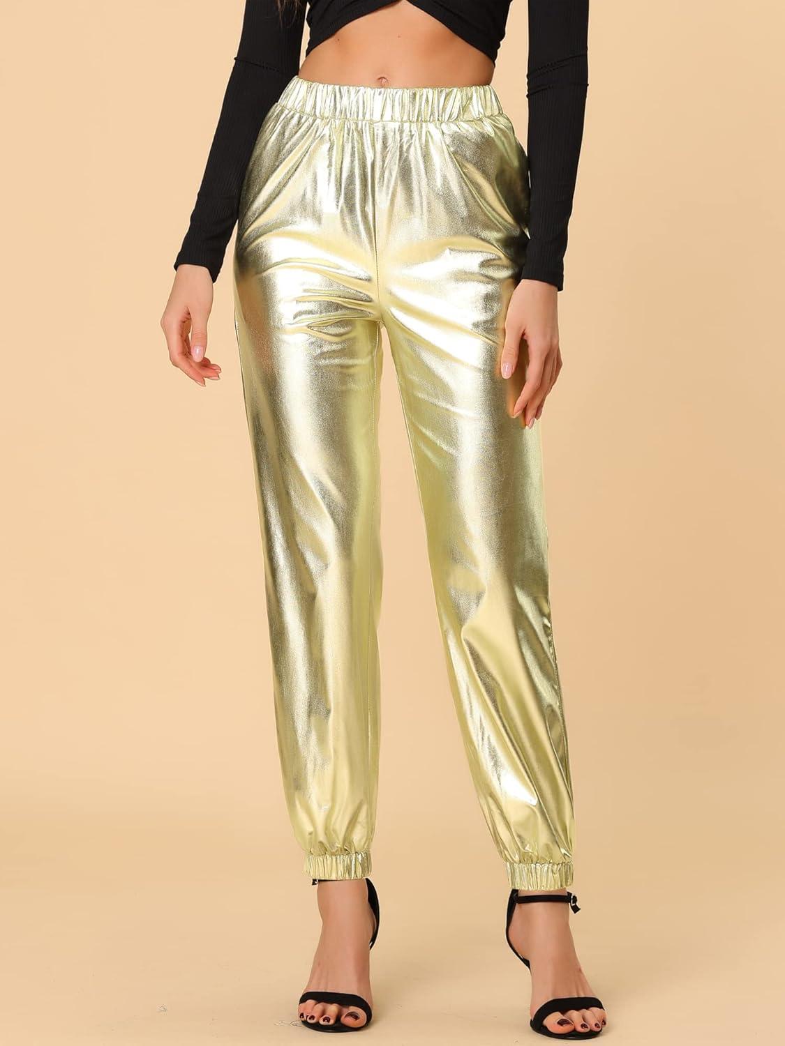 imageAllegra K Womens Metallic Trousers Christmas Shiny Sparkle Elastic Waist Holographic PantsGold
