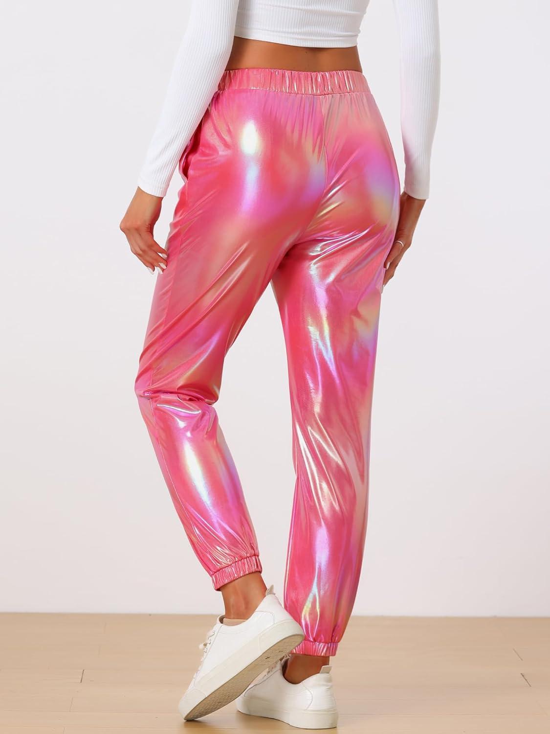 imageAllegra K Womens Metallic Trousers Christmas Shiny Sparkle Elastic Waist Holographic PantsHolographic Pink