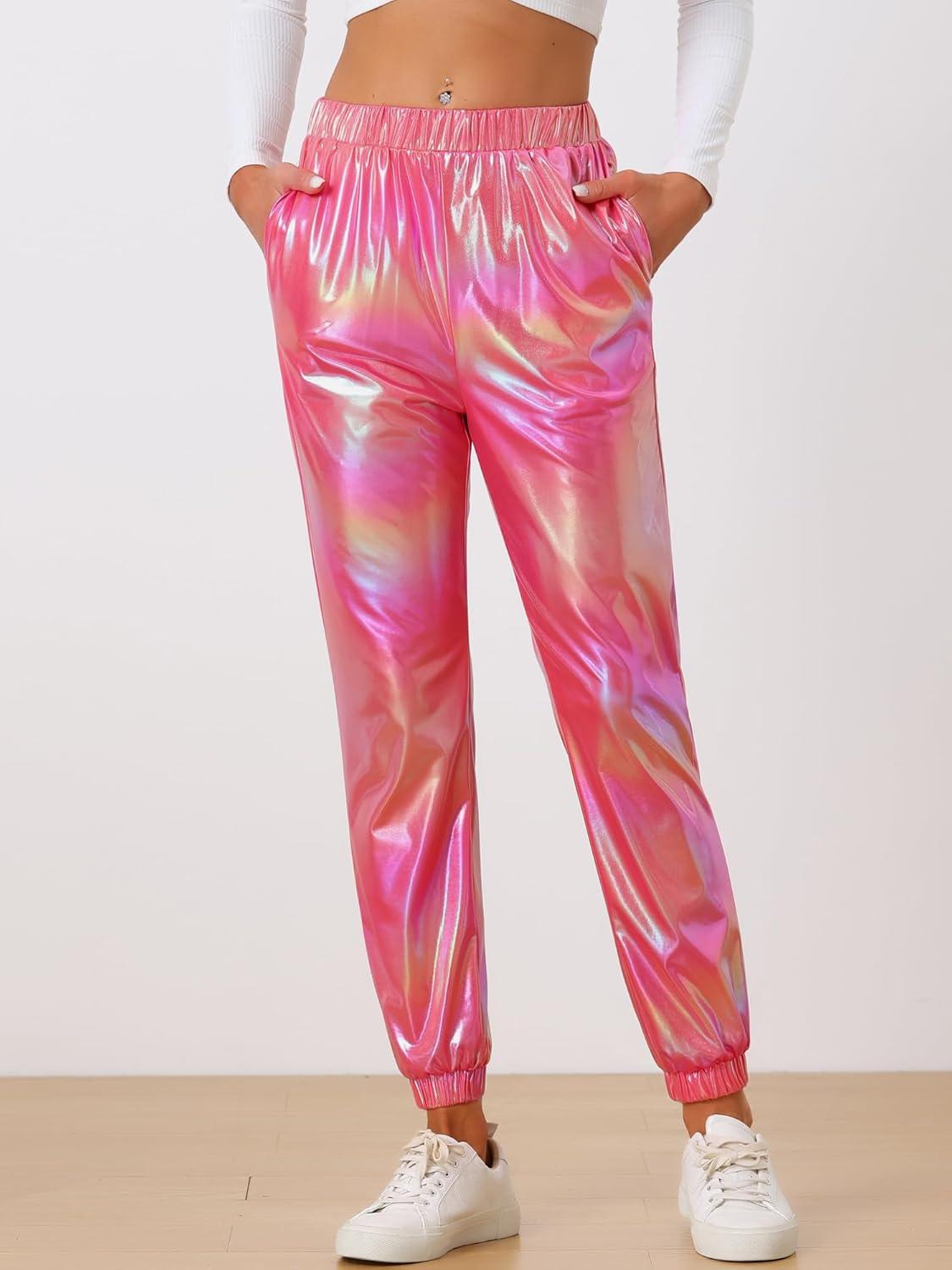 imageAllegra K Womens Metallic Trousers Christmas Shiny Sparkle Elastic Waist Holographic PantsHolographic Pink