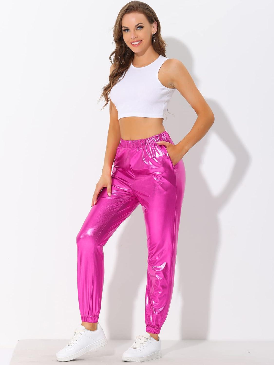 imageAllegra K Womens Metallic Trousers Christmas Shiny Sparkle Elastic Waist Holographic PantsHot Pink