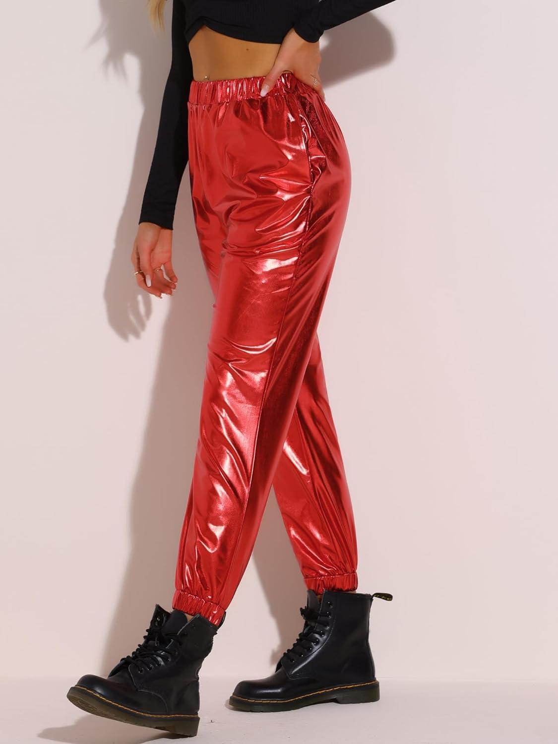 imageAllegra K Womens Metallic Trousers Christmas Shiny Sparkle Elastic Waist Holographic PantsRed
