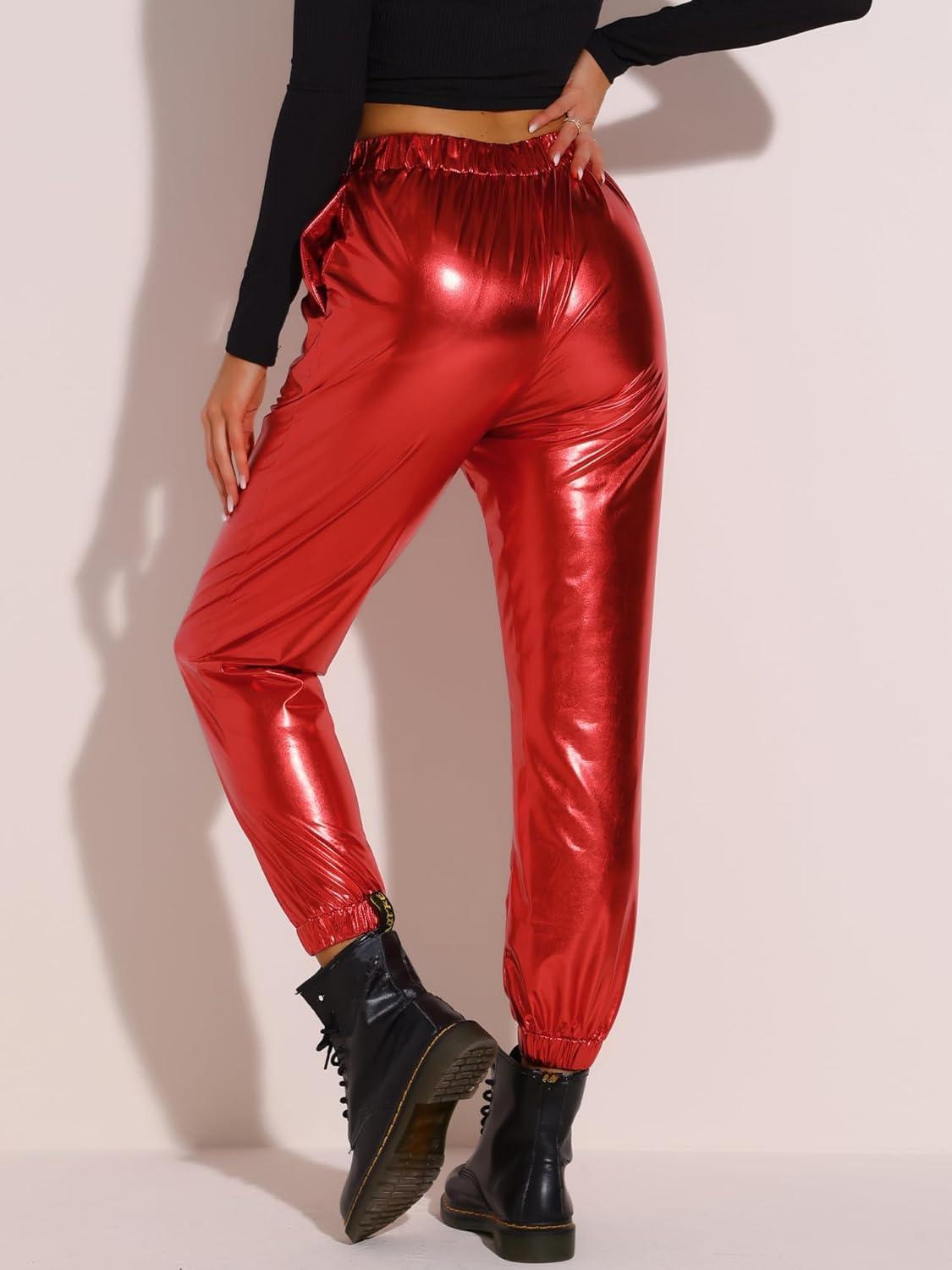 imageAllegra K Womens Metallic Trousers Christmas Shiny Sparkle Elastic Waist Holographic PantsRed