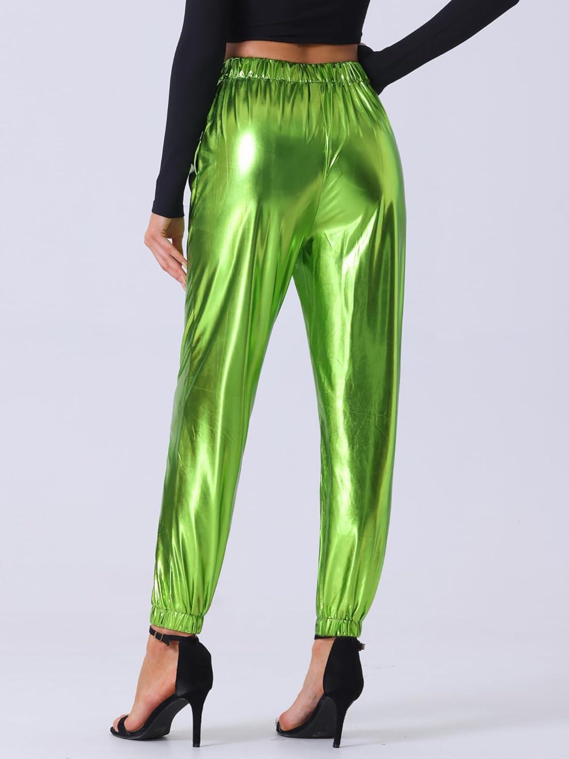 imageAllegra K Womens Metallic Trousers Christmas Shiny Sparkle Elastic Waist Holographic PantsShiny Green