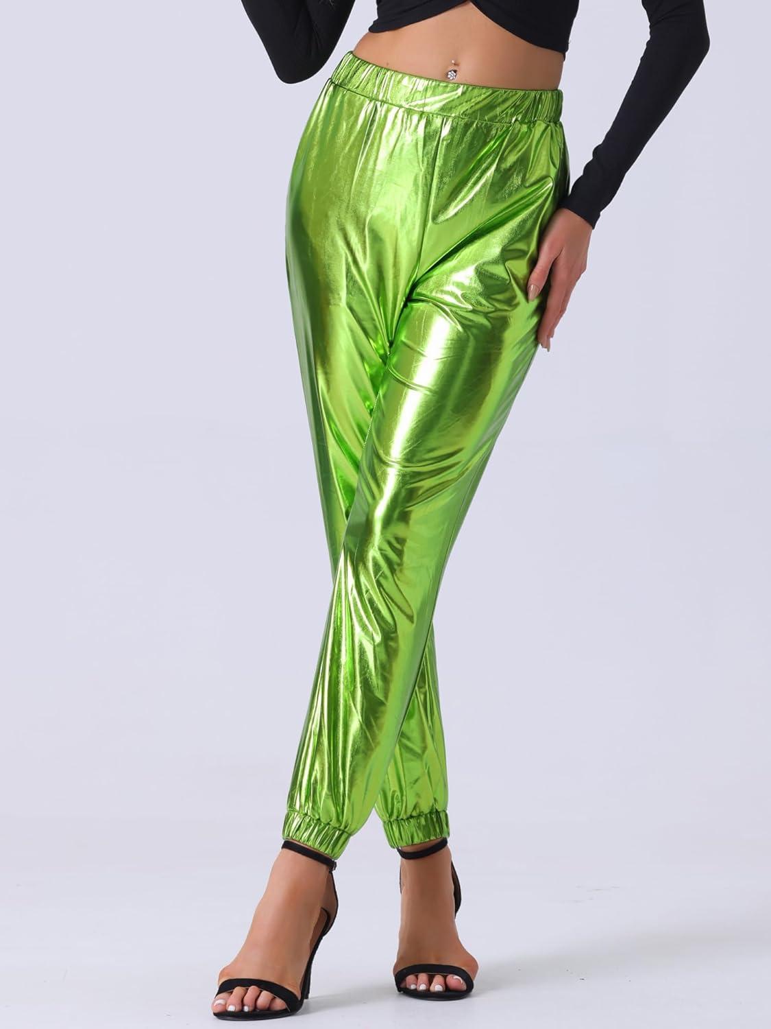 imageAllegra K Womens Metallic Trousers Christmas Shiny Sparkle Elastic Waist Holographic PantsShiny Green