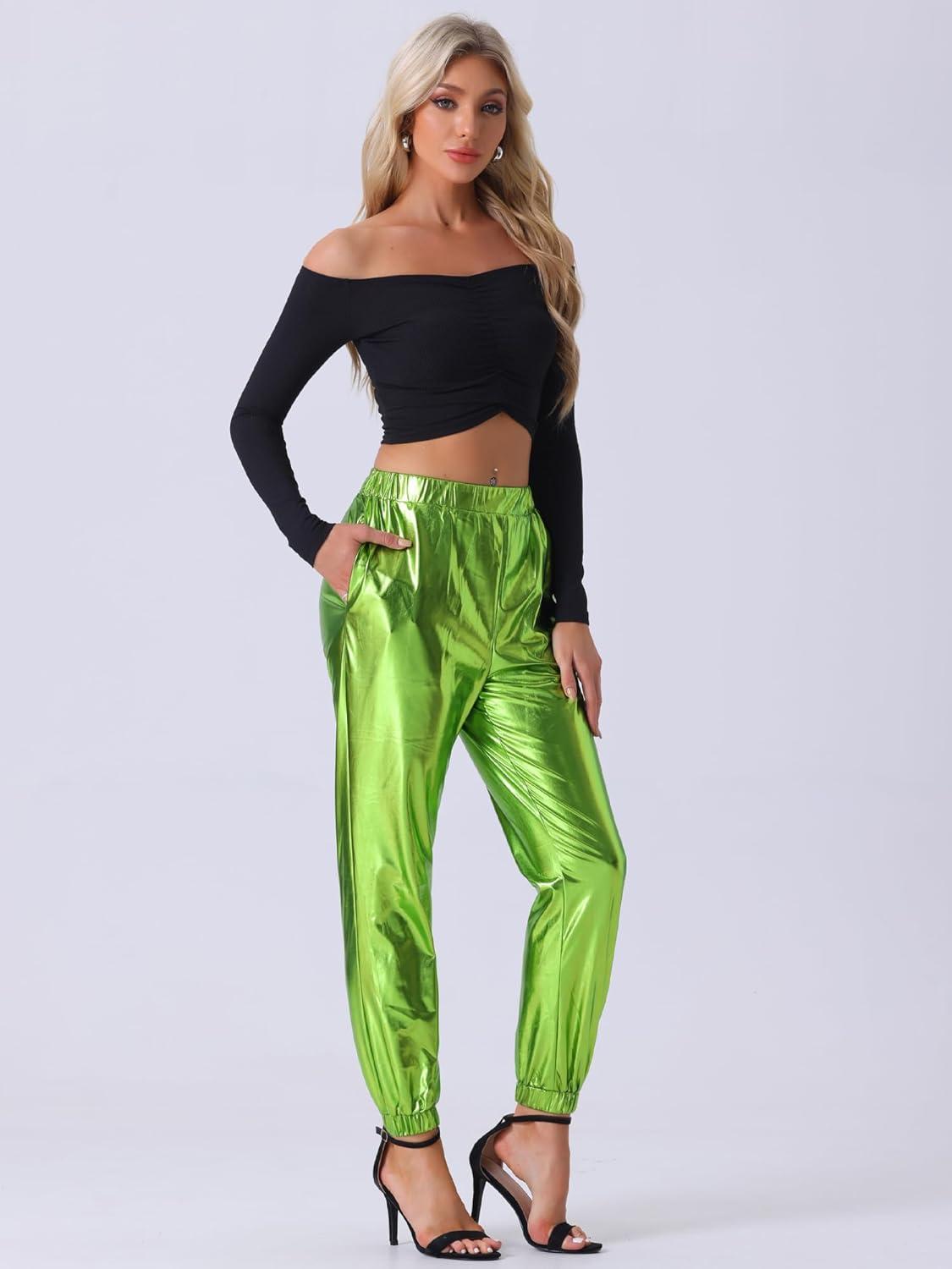 imageAllegra K Womens Metallic Trousers Christmas Shiny Sparkle Elastic Waist Holographic PantsShiny Green