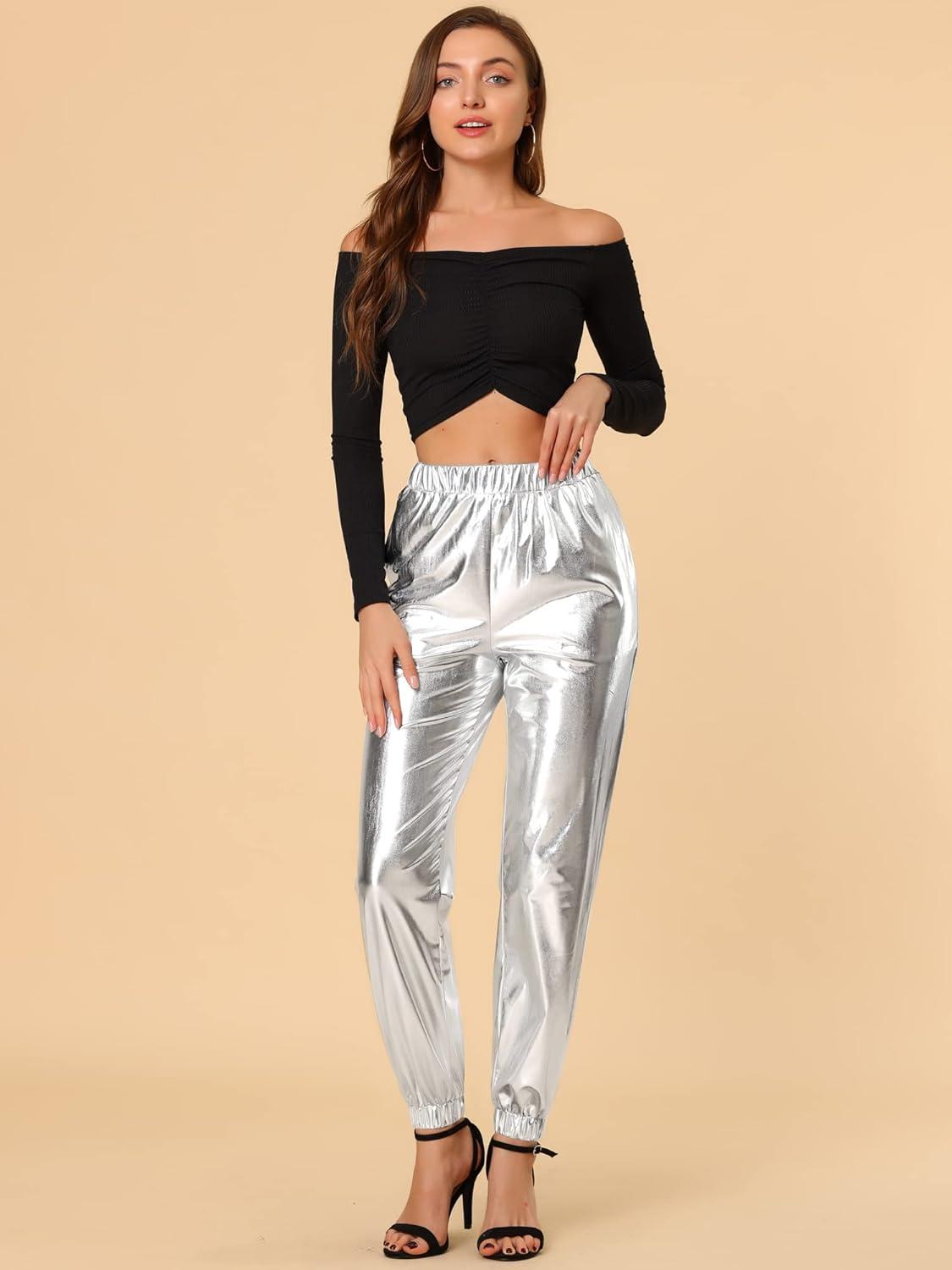 imageAllegra K Womens Metallic Trousers Christmas Shiny Sparkle Elastic Waist Holographic PantsSilver