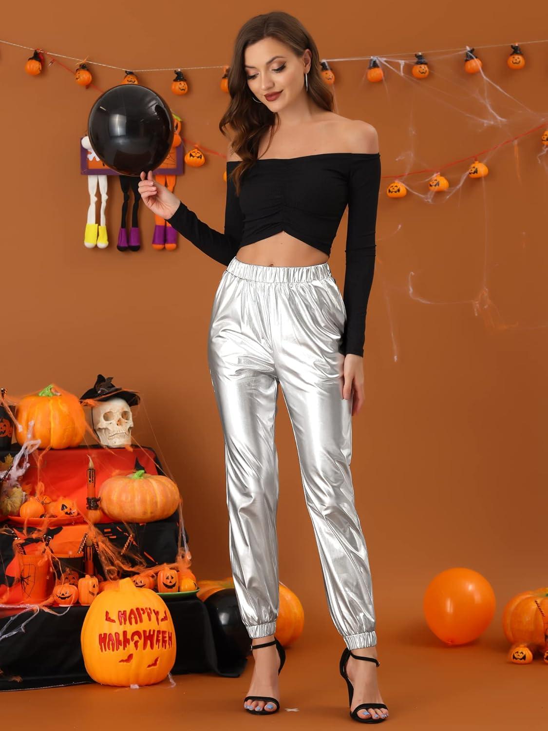 imageAllegra K Womens Metallic Trousers Christmas Shiny Sparkle Elastic Waist Holographic PantsSilver
