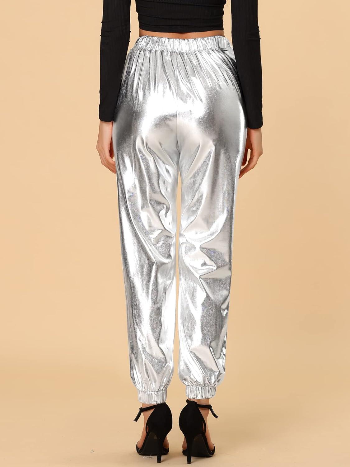 imageAllegra K Womens Metallic Trousers Christmas Shiny Sparkle Elastic Waist Holographic PantsSilver